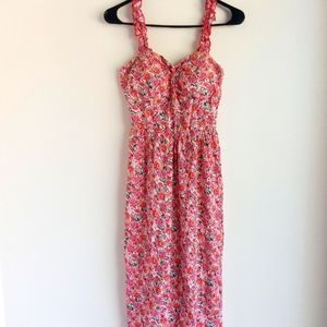 Womens Floral Pink Midi Sun Dress Slit Frilly Built In Bra Flowy Multi-Colored